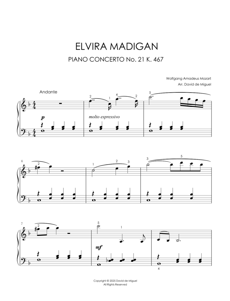 Fragmento de la partitura del segundo movimiento del Concierto No. 21 de Mozart para piano