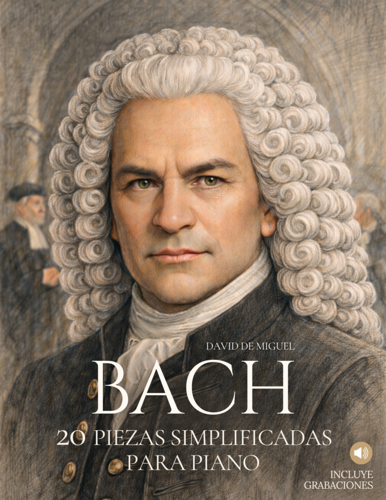 Portada del libro Bach: 20 Piezas Simplificadas para Piano, con imagen artística de Mozart y aviso de audios incluidos