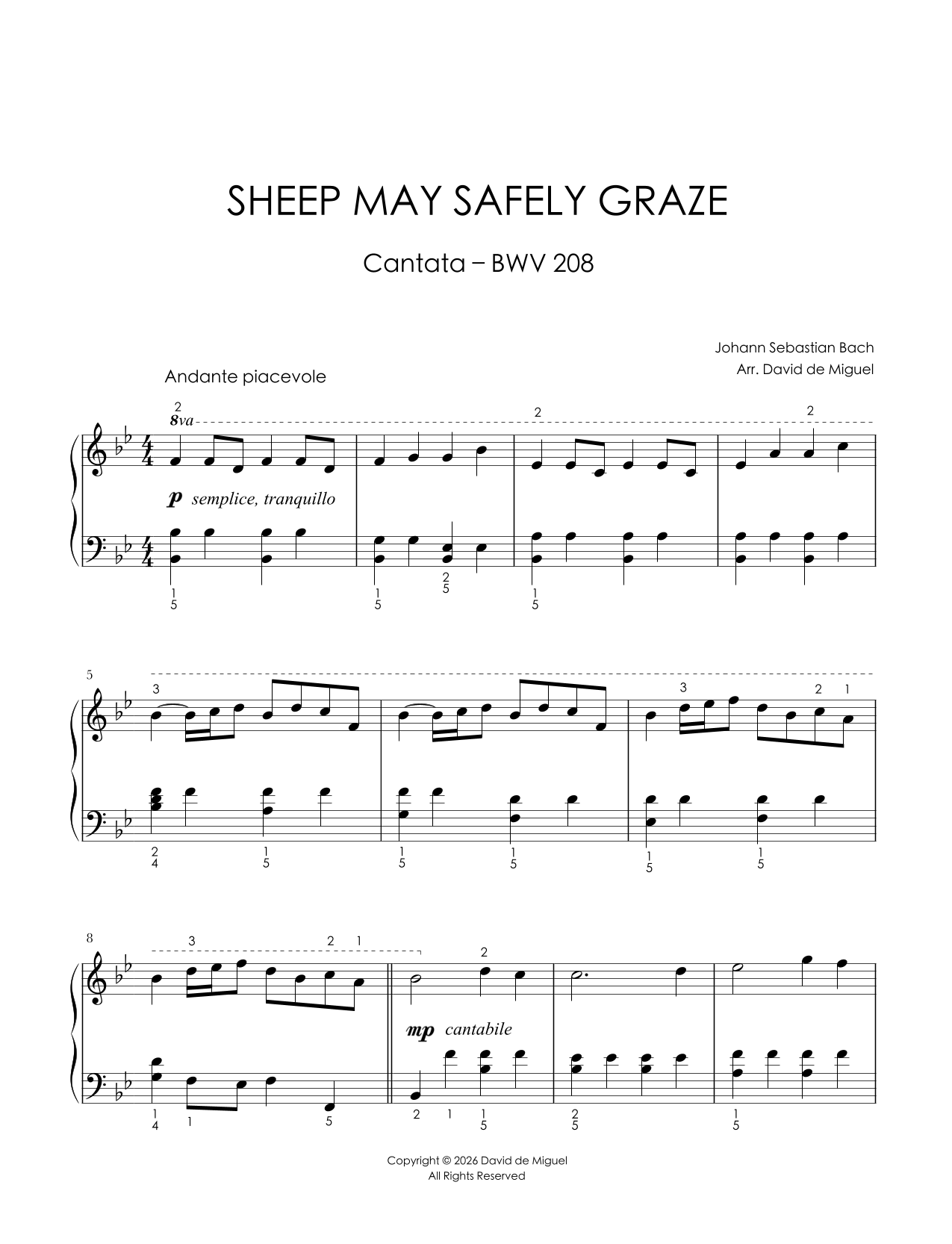 Fragmento de la partitura adaptada de Sheep May Safely Graze BWV 208 de Bach para piano fácil