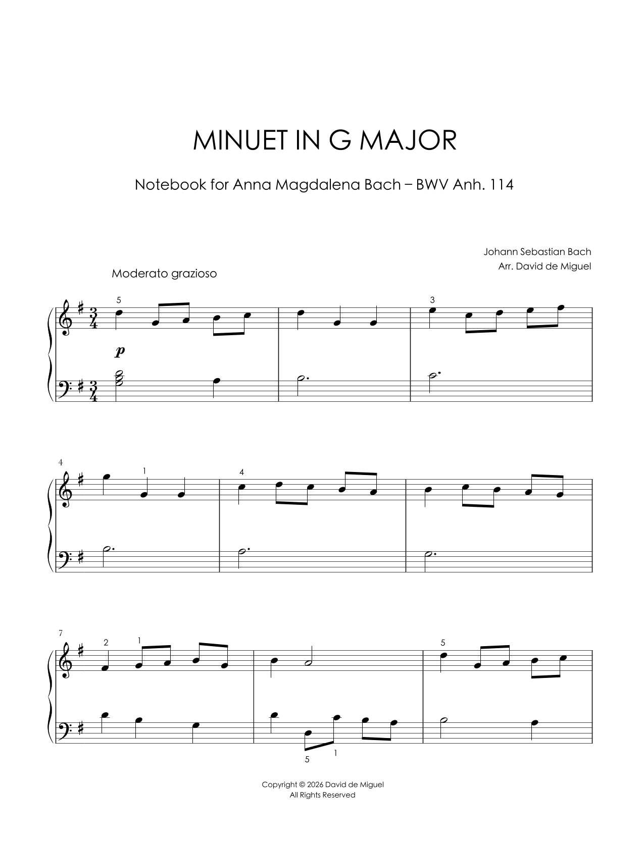 Fragmento de la partitura adaptada del Minuet in G Major BWV Anh. 114 para piano fácil