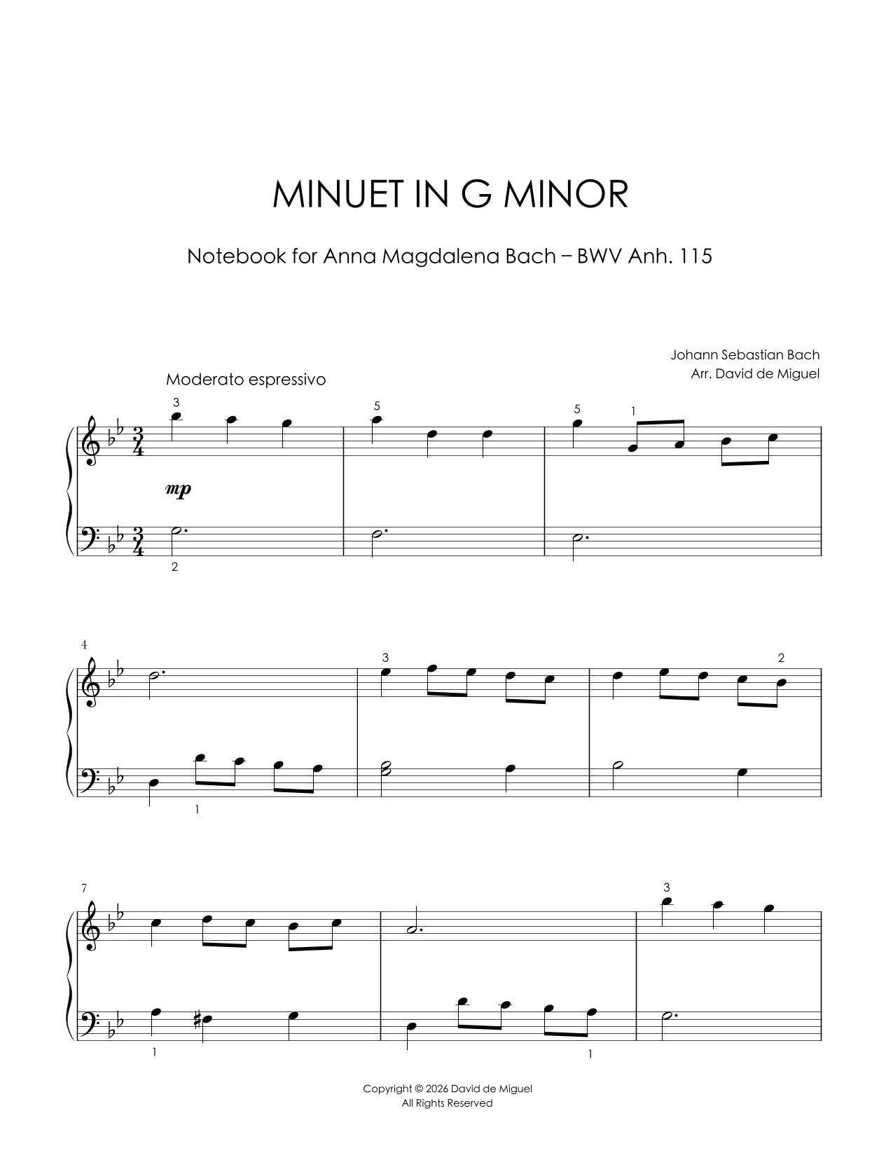 Fragmento de la partitura adaptada del Minuet in G Minor BWV Anh. 115 para piano fácil