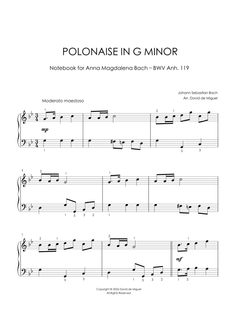 Fragmento de la partitura adaptada de la Polonaise in G Minor BWV Anh. 119 para piano fácil