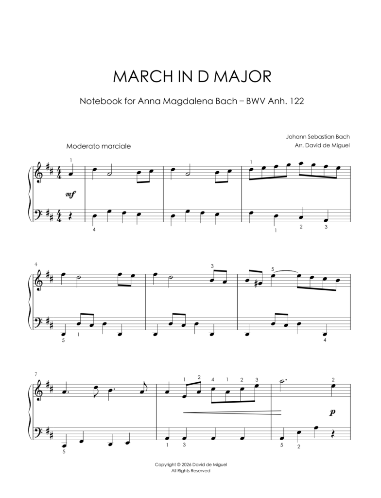 Fragmento de la partitura adaptada de la March in D Major BWV Anh. 122 para piano fácil
