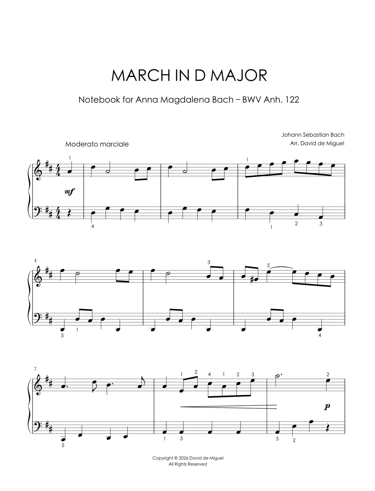 Fragmento de la partitura adaptada de la March in D Major BWV Anh. 122 para piano fácil