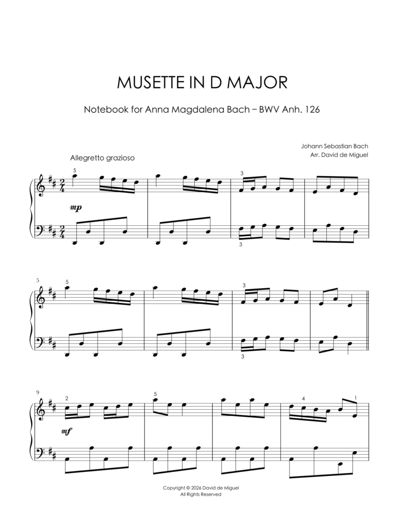 Fragmento de la partitura adaptada de la Musette in D Major BWV Anh. 126 para piano fácil