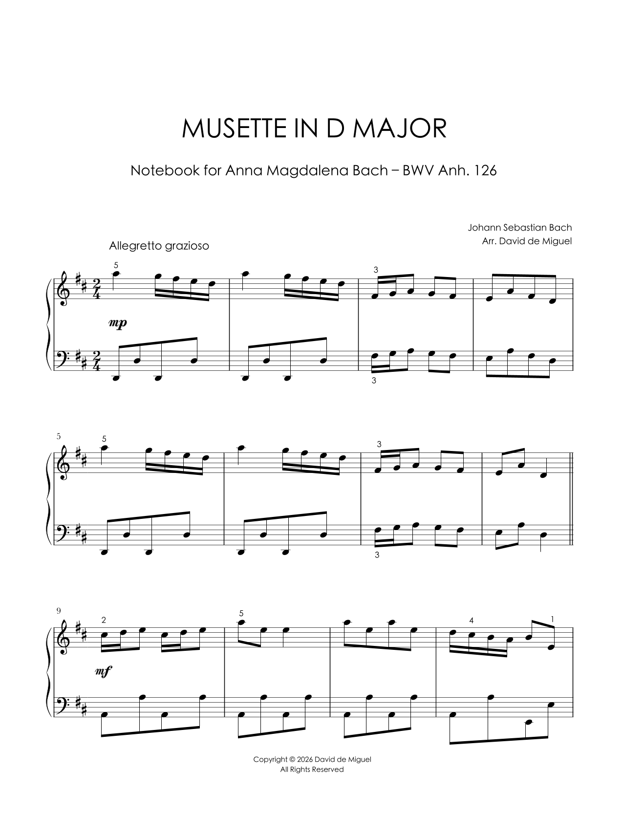 Fragmento de la partitura adaptada de la Musette in D Major BWV Anh. 126 para piano fácil