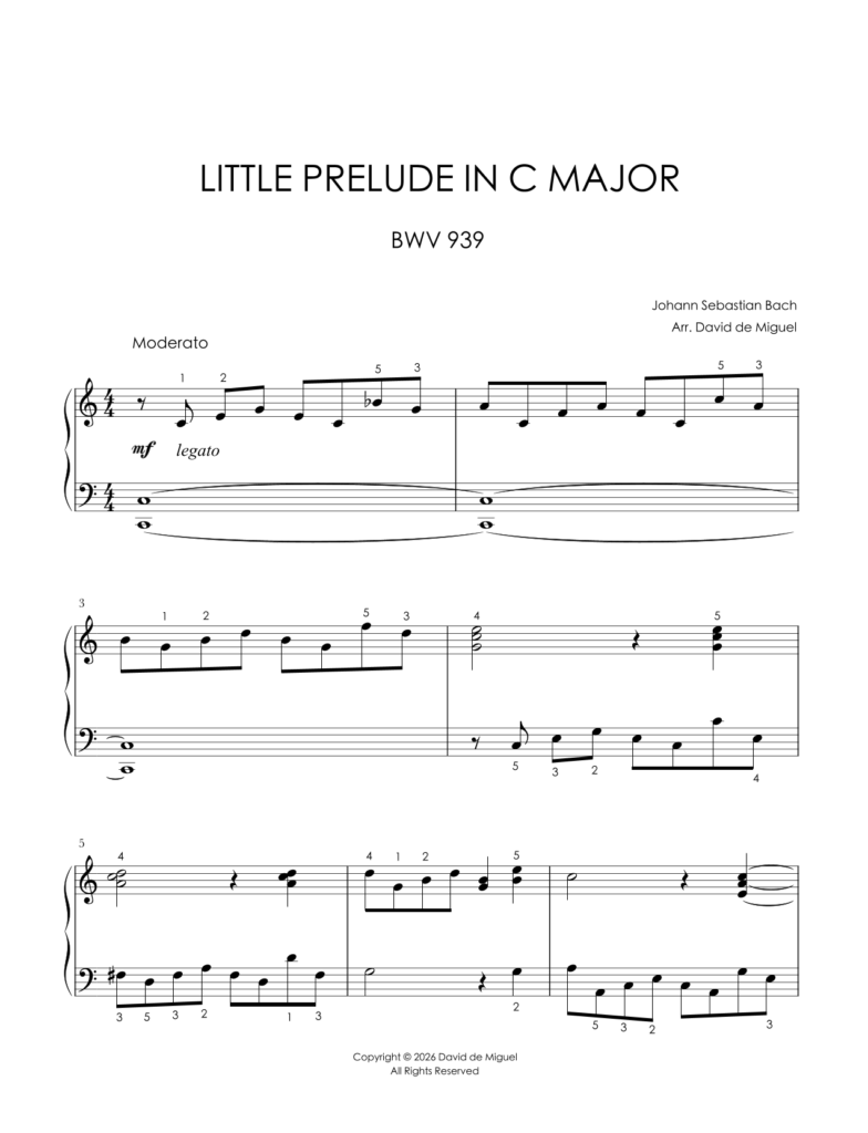 Fragmento de la partitura adaptada del Little Prelude in C Major BWV 939 de Bach para piano fácil