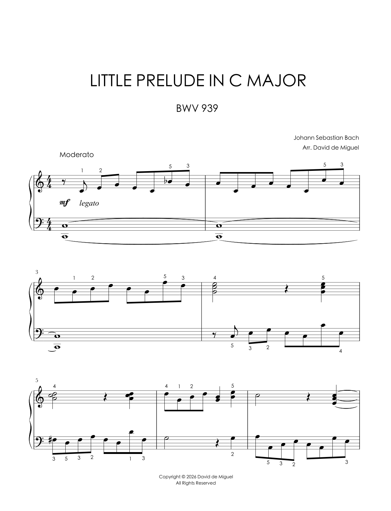 Fragmento de la partitura adaptada del Little Prelude in C Major BWV 939 de Bach para piano fácil