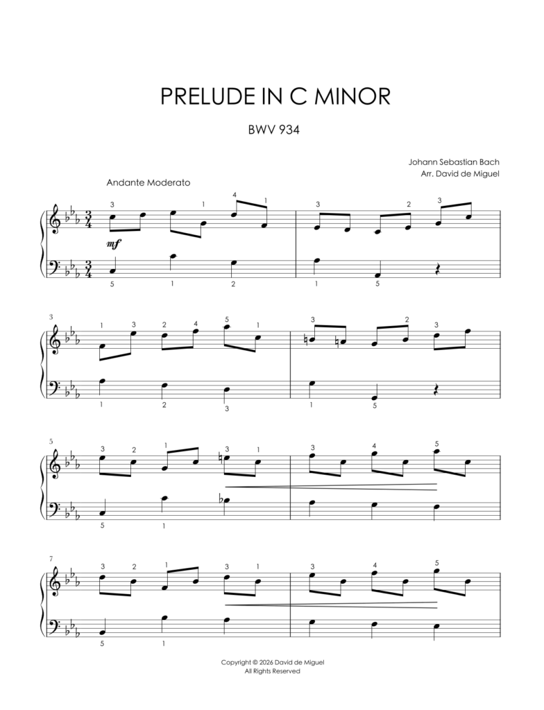 Fragmento de la partitura adaptada del Prelude in C Minor BWV 934 de Bach para piano fácil