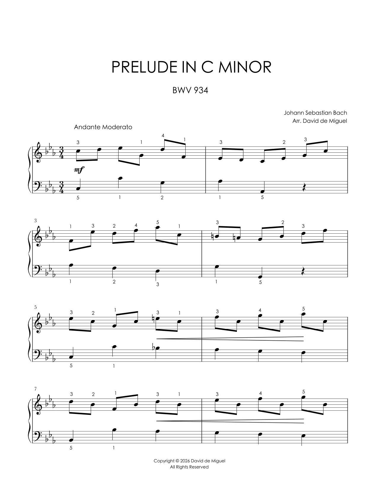 Fragmento de la partitura adaptada del Prelude in C Minor BWV 934 de Bach para piano fácil