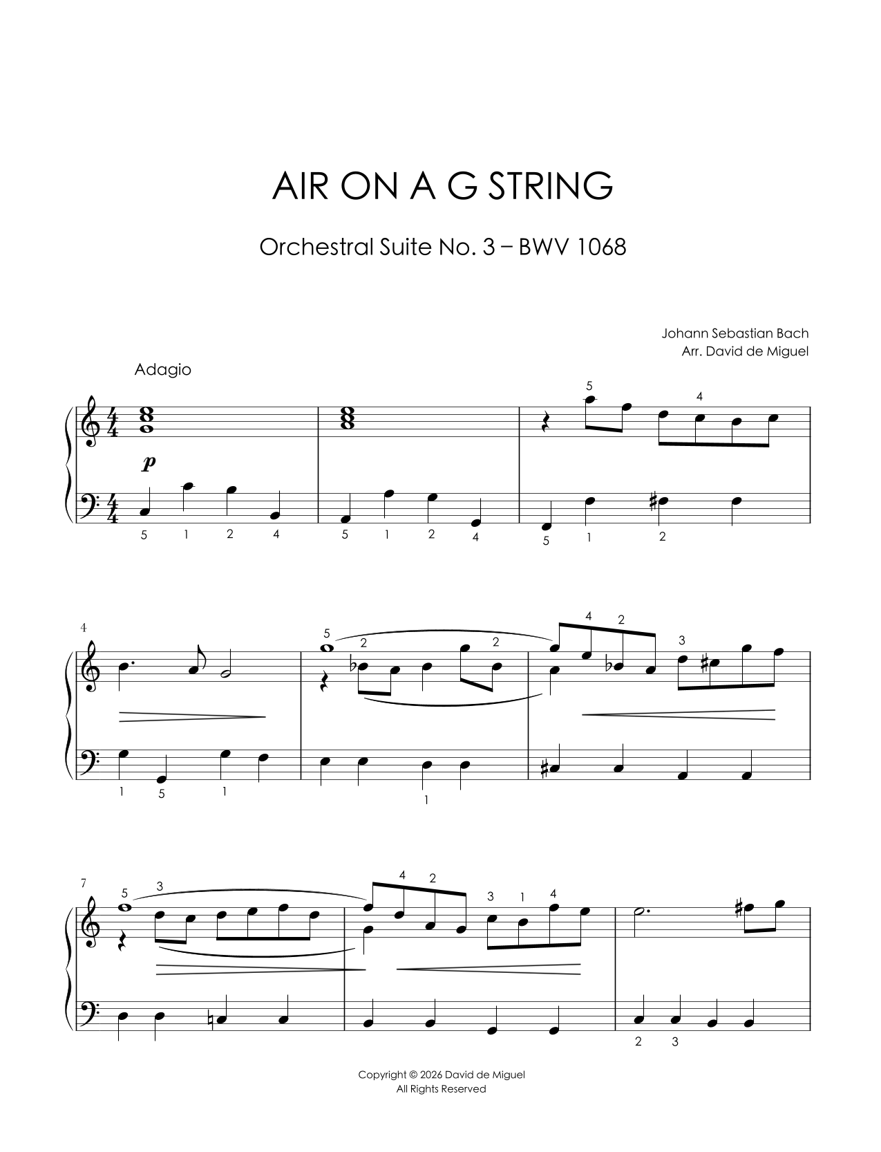Fragmento de la partitura adaptada de Air on a G String BWV 1068 de Bach para piano fácil