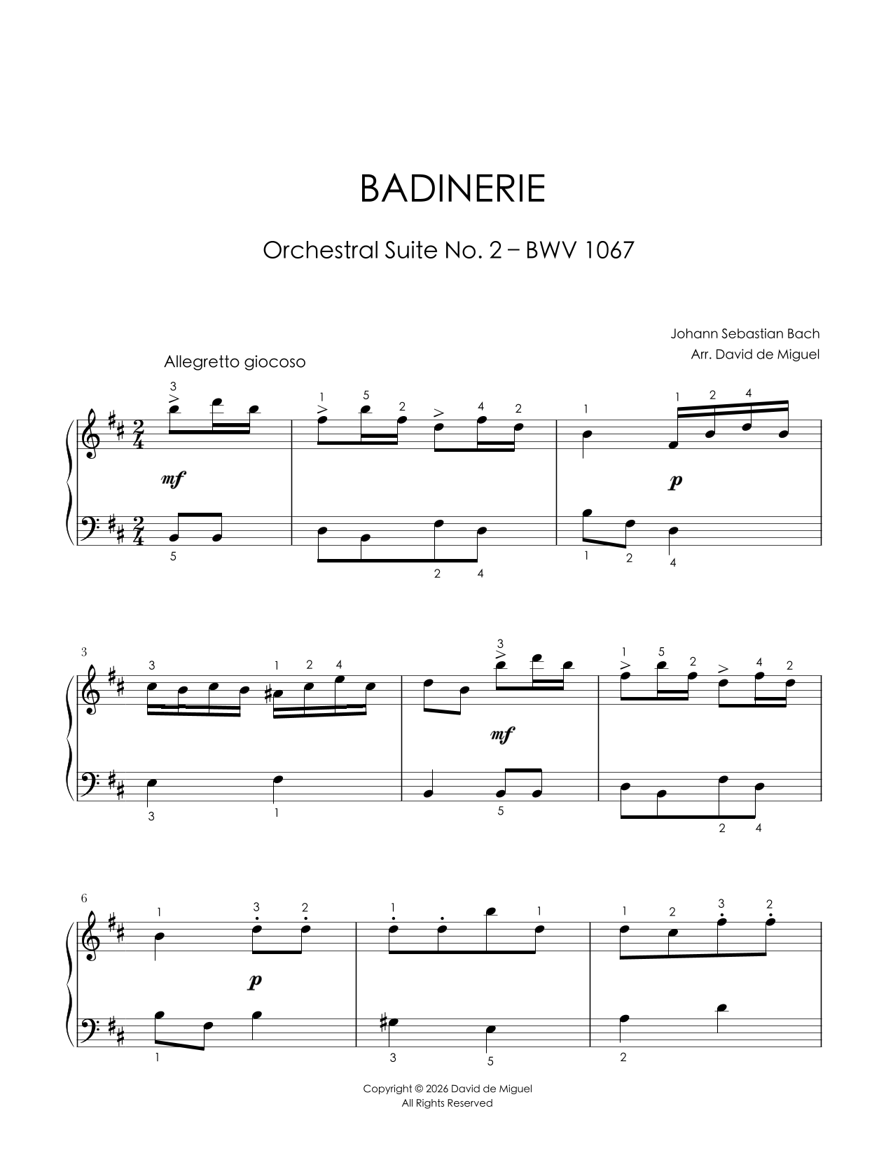Fragmento de la partitura adaptada de Badinerie BWV 1067 de Bach para piano fácil
