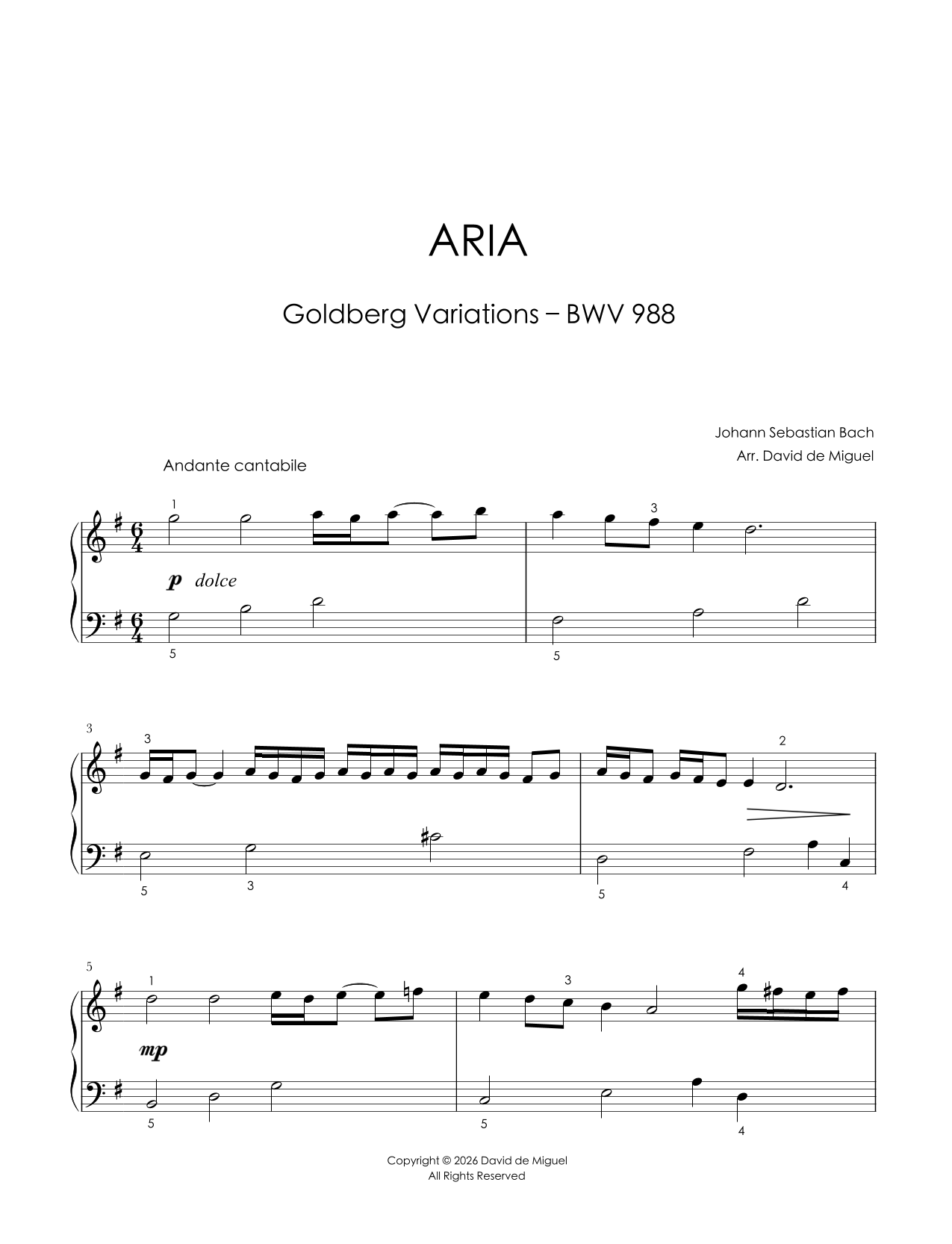 Fragmento de la partitura adaptada del Aria de las Goldberg Variations BWV 988 de Bach para piano fácil