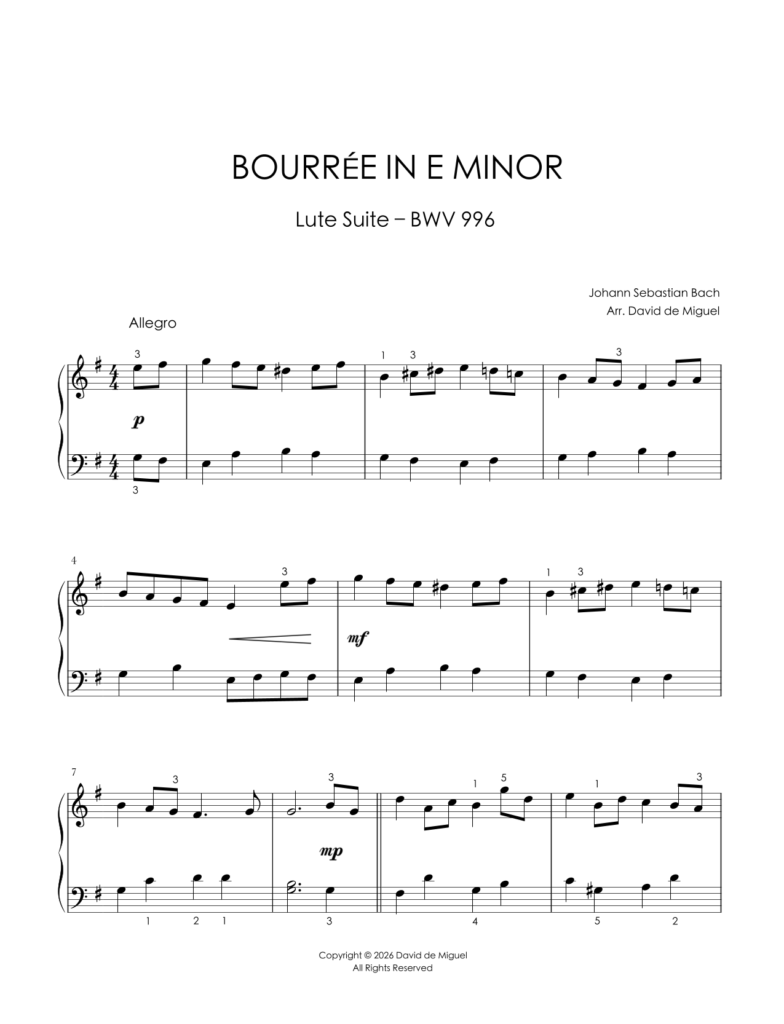 Fragmento de la partitura adaptada de Bourrée in E Minor BWV 996 de Bach para piano fácil