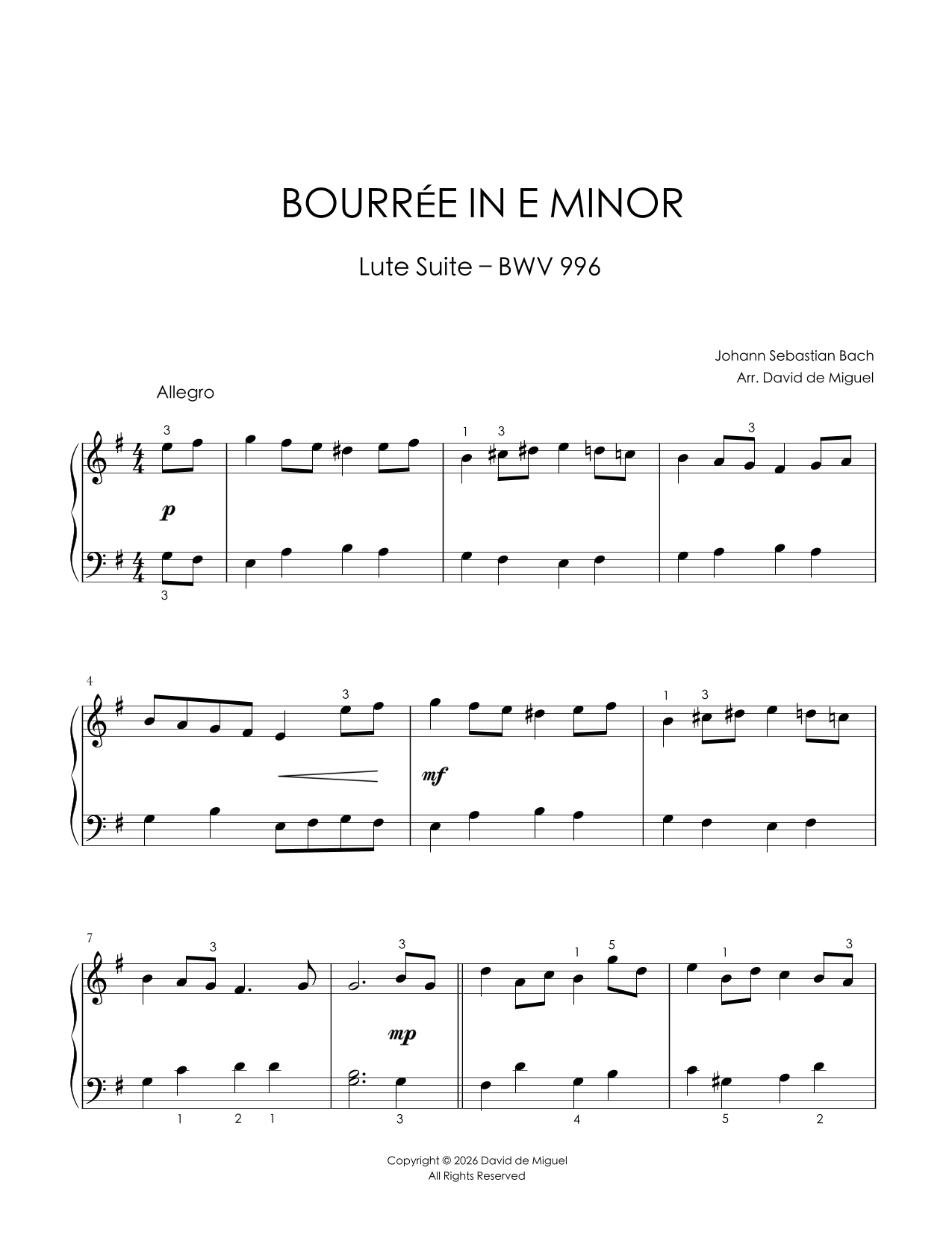 Fragmento de la partitura adaptada de Bourrée in E Minor BWV 996 de Bach para piano fácil
