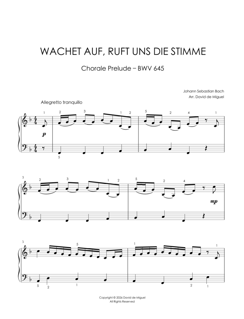 Fragmento de la partitura adaptada de Wachet Auf, Ruft Uns Die Stimme BWV 645 de Bach para piano fácil