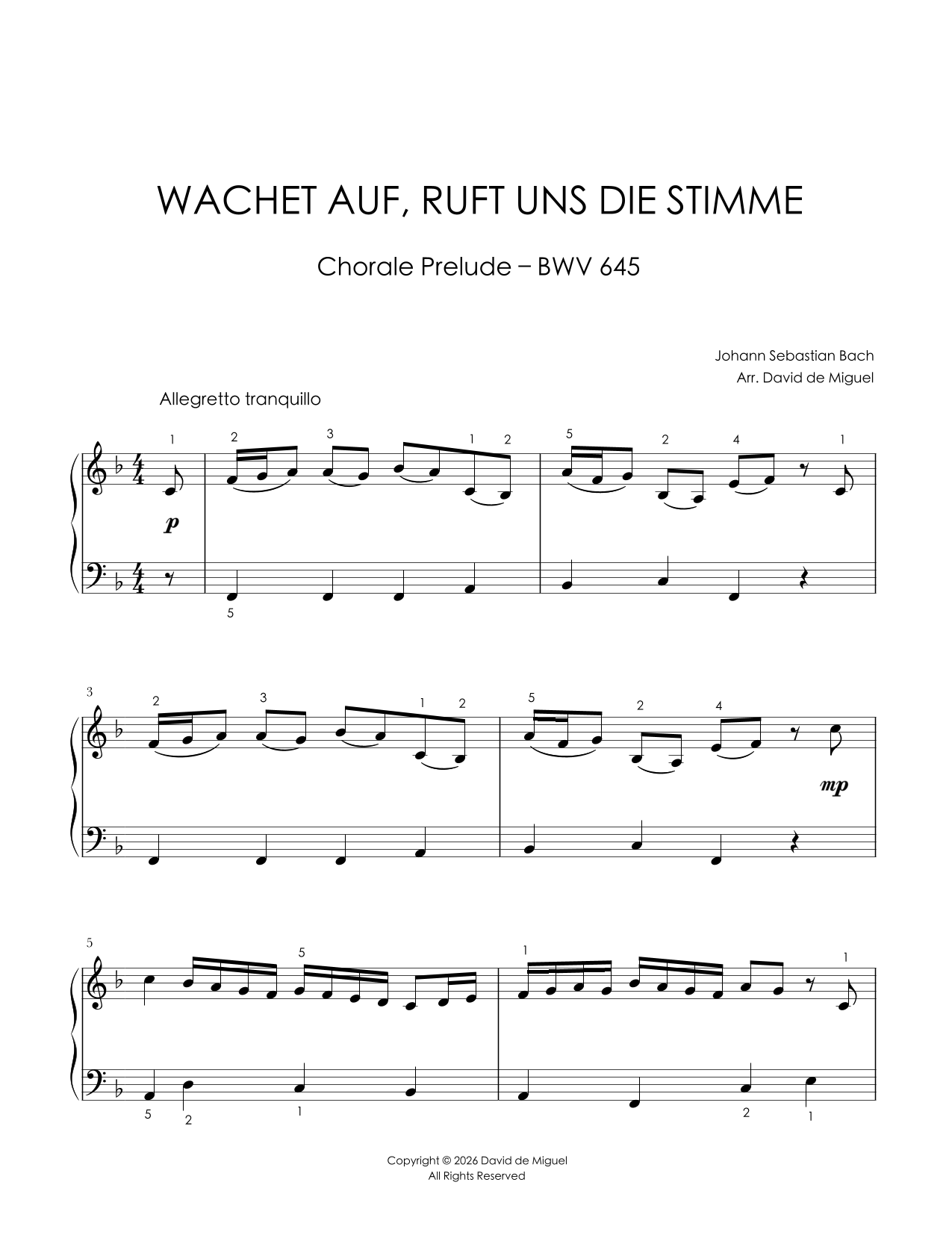 Fragmento de la partitura adaptada de Wachet Auf, Ruft Uns Die Stimme BWV 645 de Bach para piano fácil