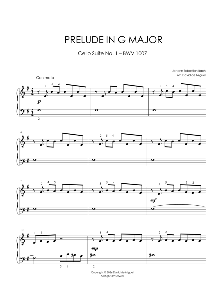 Fragmento de la partitura adaptada del Prelude in G Major BWV 1007 de Bach para piano fácil