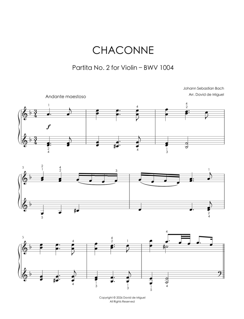 Fragmento de la partitura adaptada de la Chaconne BWV 1004 de Bach para piano fácil
