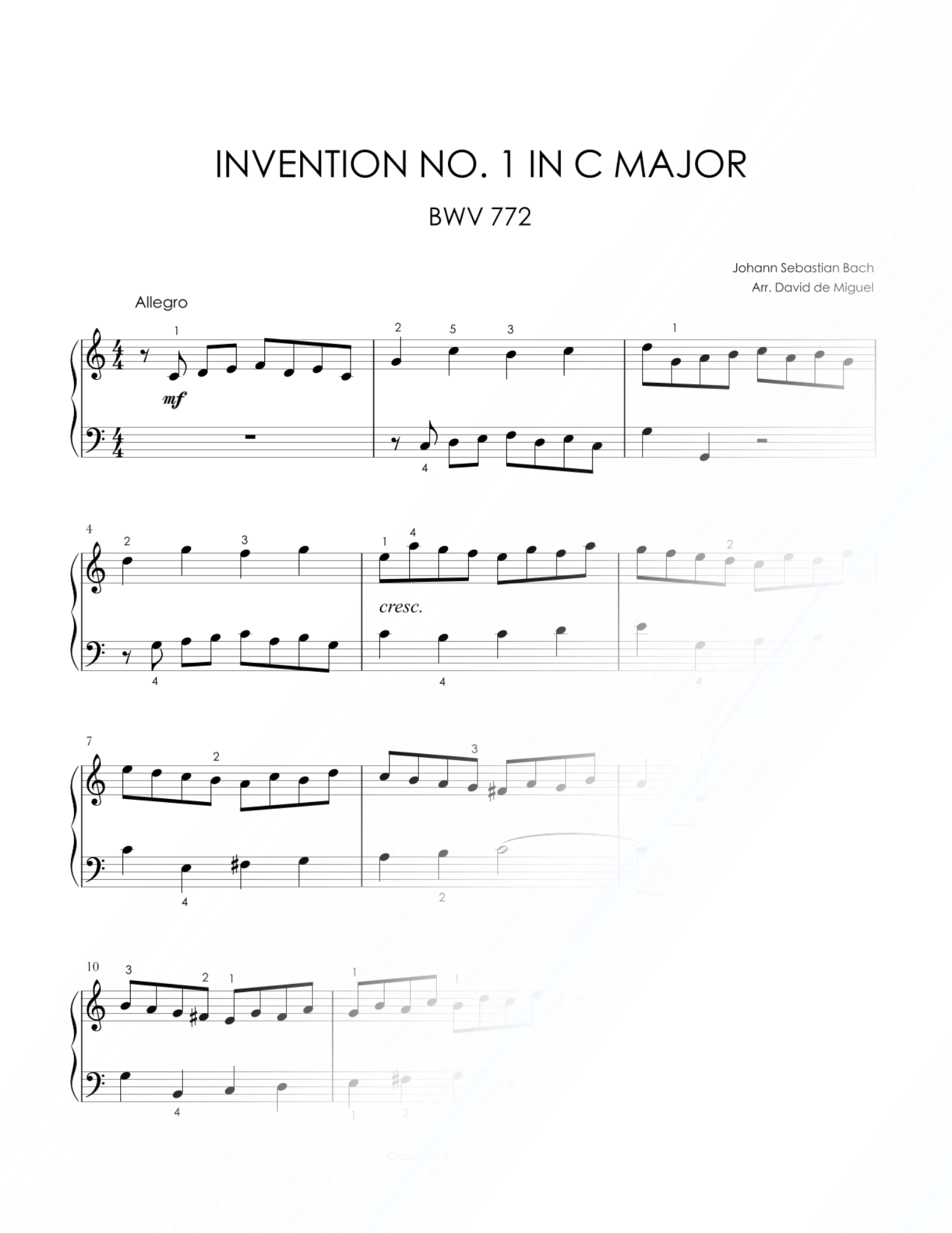 Fragmento de la partitura adaptada de Invention No. 1 in C Major BWV 772 de Bach para piano fácil