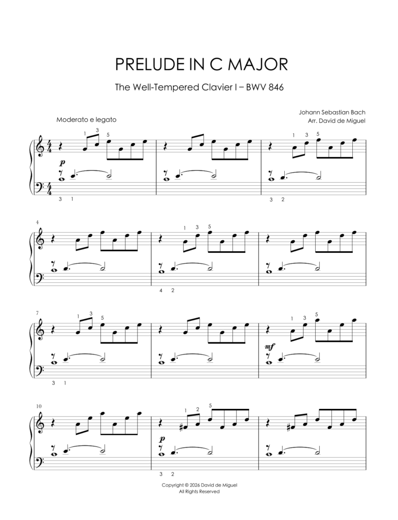 Fragmento de la partitura adaptada del Prelude in C Major BWV 846 de Bach para piano fácil