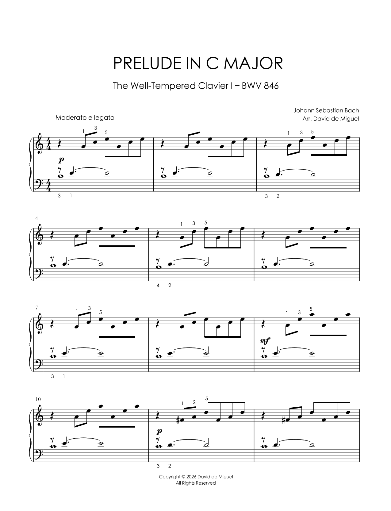 Fragmento de la partitura adaptada del Prelude in C Major BWV 846 de Bach para piano fácil