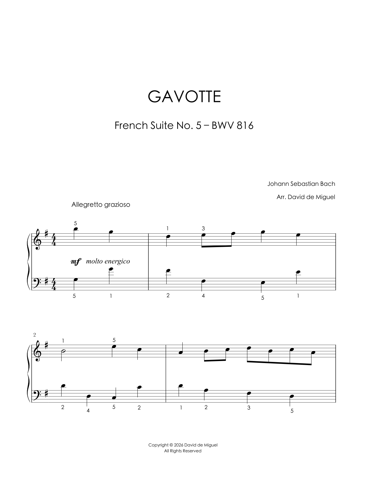 Fragmento de la partitura adaptada de la Gavotte BWV 816 de Bach para piano fácil