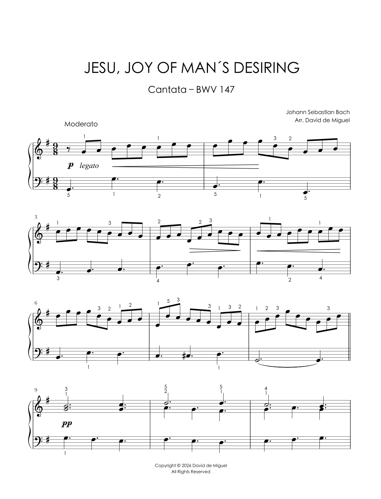 Fragmento de la partitura adaptada de Jesu, Joy of Man’s Desiring BWV 147 de Bach para piano fácil