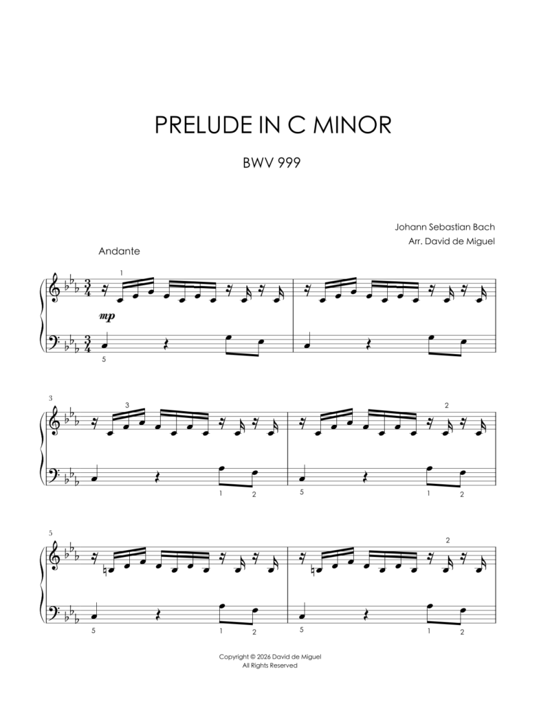 Fragmento de la partitura adaptada del Prelude in C Minor BWV 999 de Bach para piano fácil