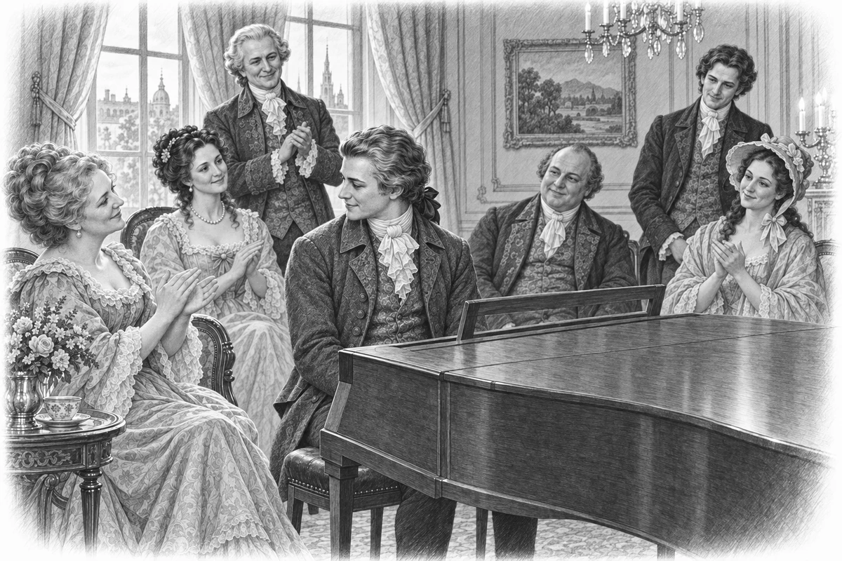 Mozart al piano ante un público vienés, ilustración de Marcha turca incluida en el libro de Mozart